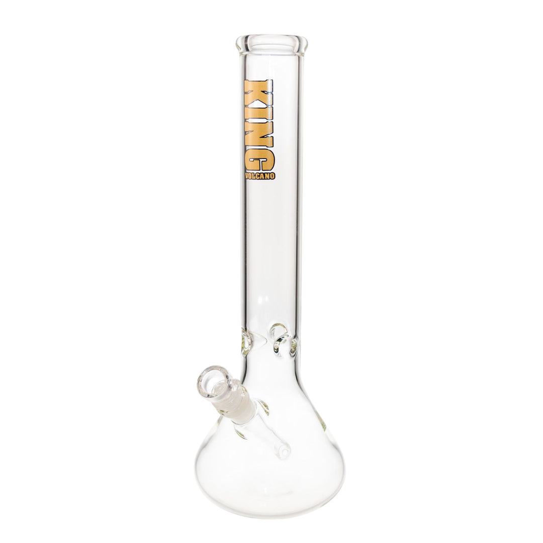 "Slightly angled view of a gold King Volcano 50mmx15in Beaker," - Up N Smoke.