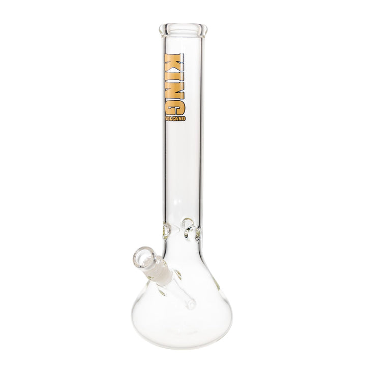 "Slightly angled view of a gold King Volcano 50mmx15in Beaker," - Up N Smoke.
