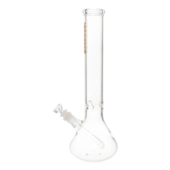"Left-side view of a gold King Volcano 50mmx15in Beaker on a white background," - Up N Smoke.