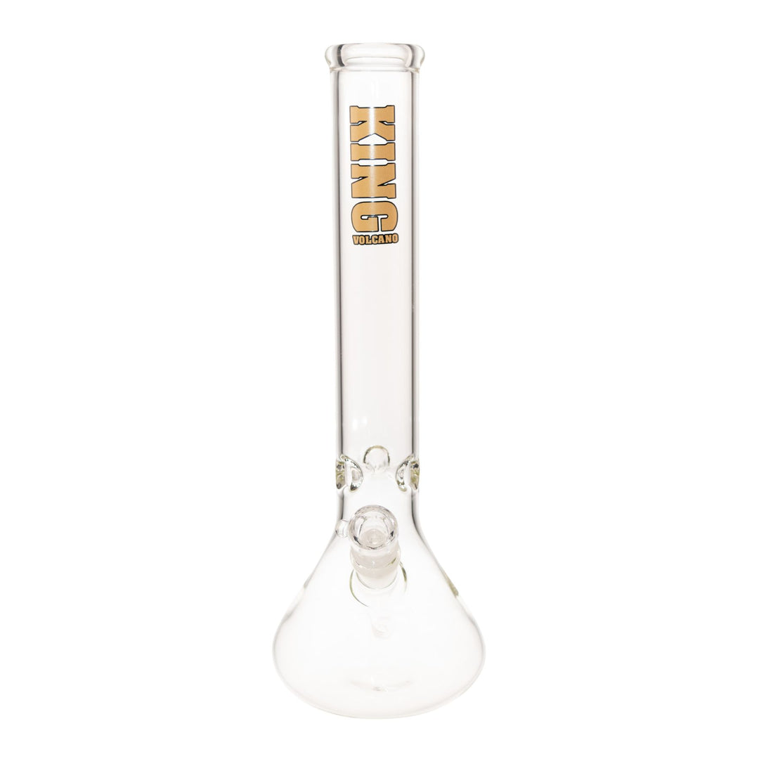 "Front of a gold King Volcano 50mmx15in Beaker on a white background," - Up N Smoke.