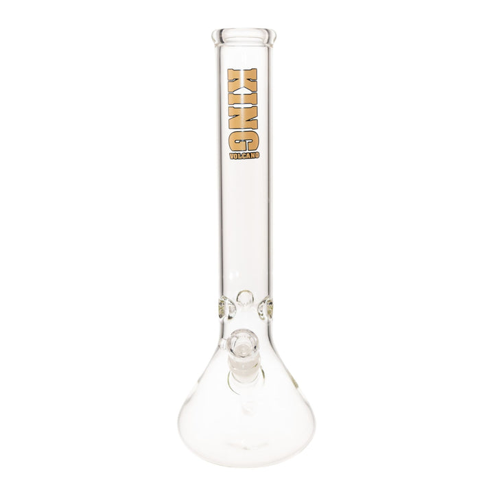 "Front of a gold King Volcano 50mmx15in Beaker on a white background," - Up N Smoke.