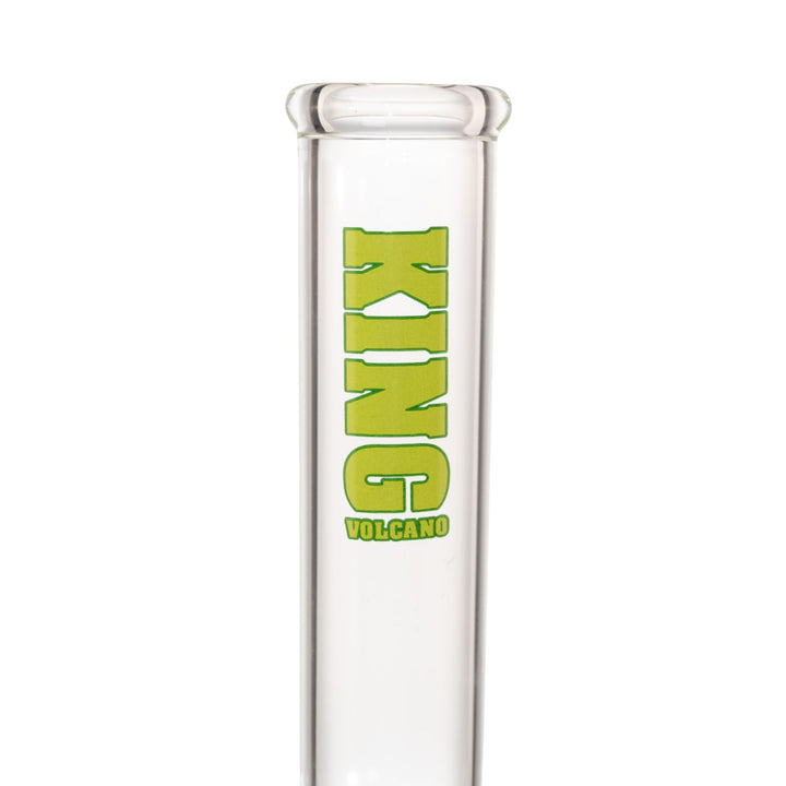 "Close-up view of the green King Volcano logo near the mouthpiece of a 50mmx15in Beaker," - Up N Smoke.