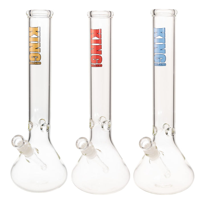 "Group of three King Volcano 50mmx15in Beakers in the color variations gold, red, and blue" - Up N Smoke.