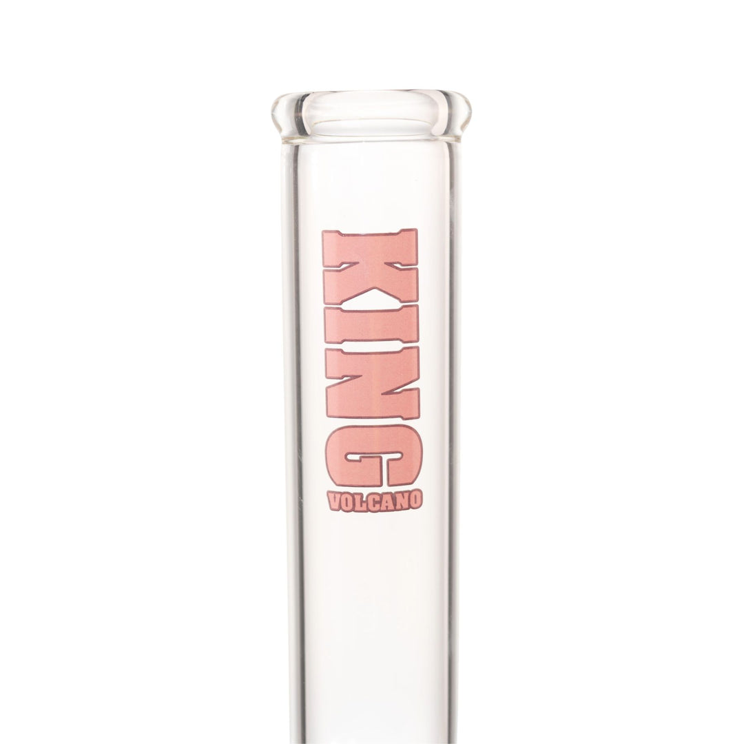 "Close-up view of the pink King Volcano logo near the mouthpiece of a 50mmx15in Beaker," - Up N Smoke.