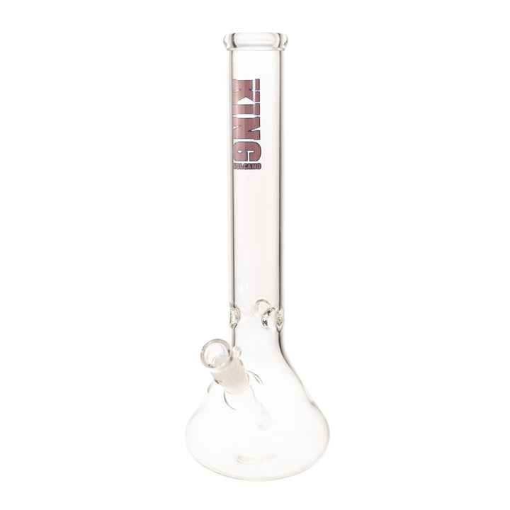 "Full view of a purple King Volcano 50mmx15in Beaker on a white background," - Up N Smoke.