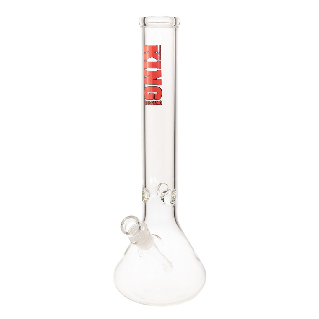"Full view of a red King Volcano 50mmx15in Beaker on a white background," - Up N Smoke.
