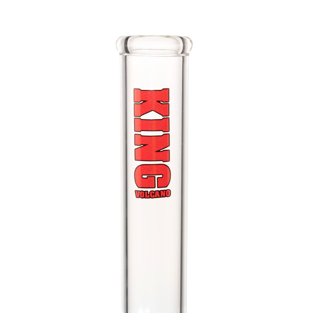 "Close-up view of a red King Volcano logo near the mouthpiece of a 50mmx15in Beaker," - Up N Smoke.