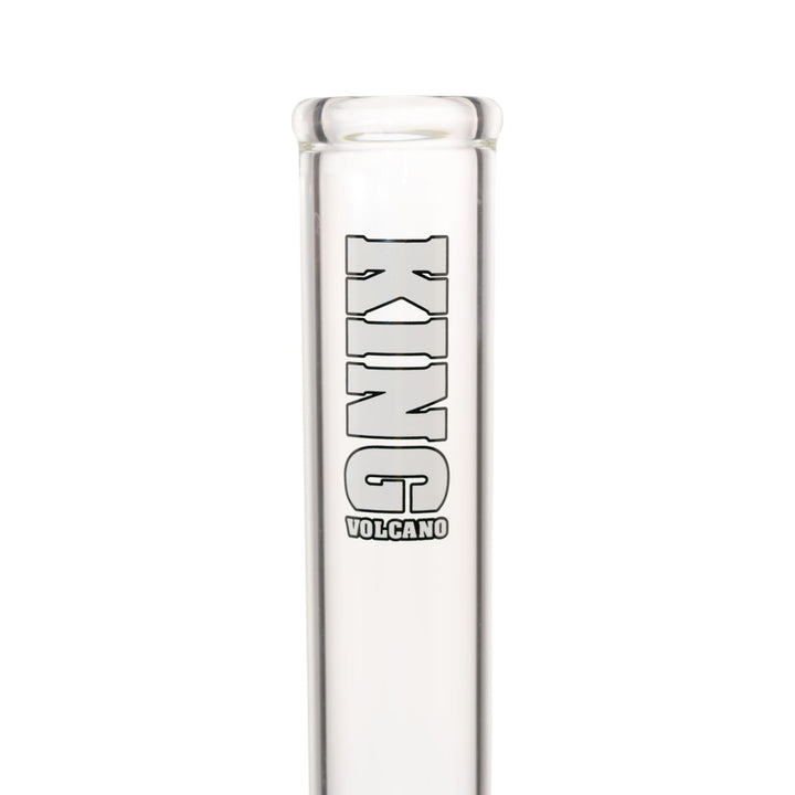 "Close-up view of the white King Volcano logo near the mouthpiece of a 50mmx15in Beaker," - Up N Smoke.