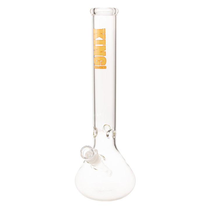 "Full view of a yellow King Volcano 50mmx15in Beaker on a white background," - Up N Smoke.