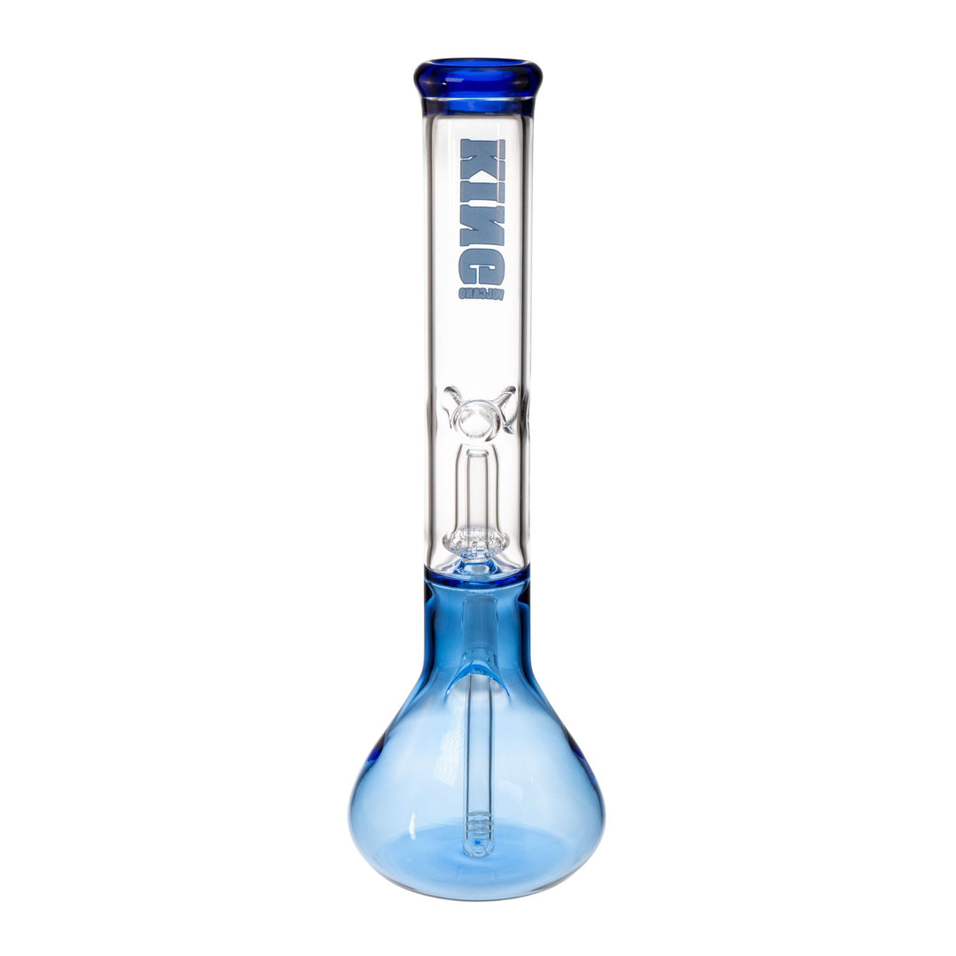 "Backside of a blue King Volcano 50mmx15in Single Wrap Beaker that features a showerhead percolator and a diffused downstem," - Up N Smoke.