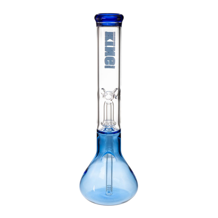 "Backside of a blue King Volcano 50mmx15in Single Wrap Beaker that features a showerhead percolator and a diffused downstem," - Up N Smoke.