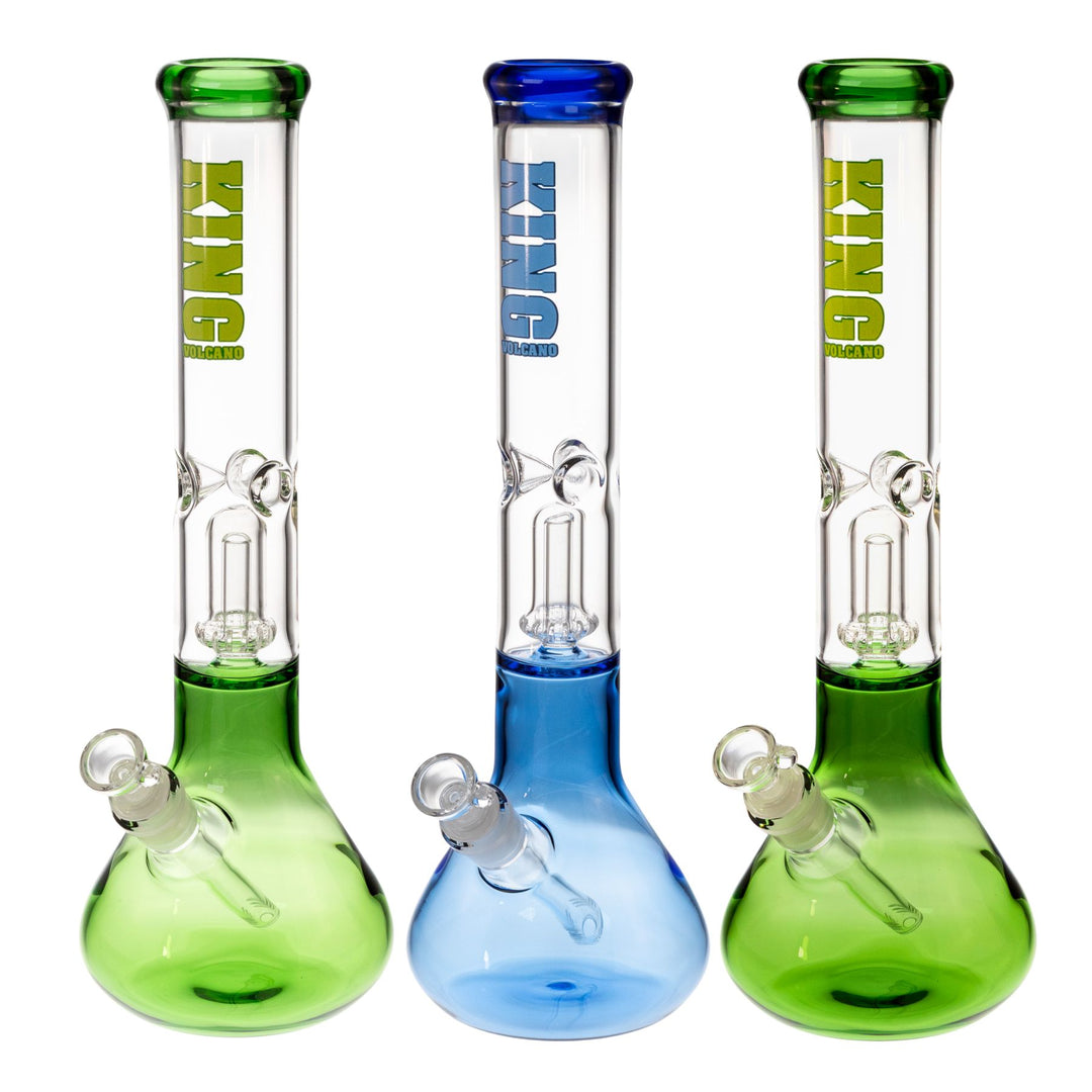 "Group of three King Volcano 50mmx15in Single Wrap Beakers in the color variations blue, light green, and dark green," - Up N Smoke.