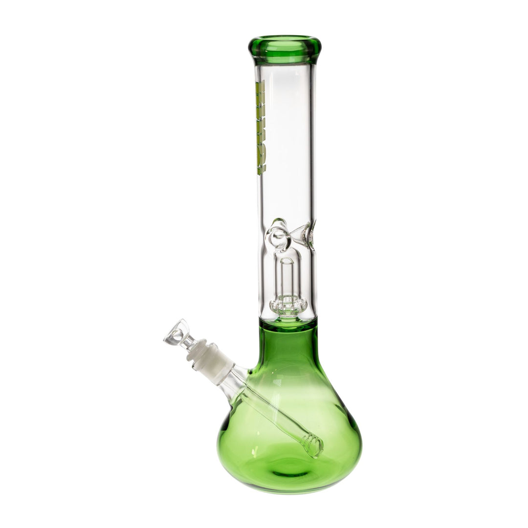"Left-side view of a light green King Volcano 50mmx15in Single Wrap Beaker that features a showerhead percolator and diffused downstem," - Up N Smoke.