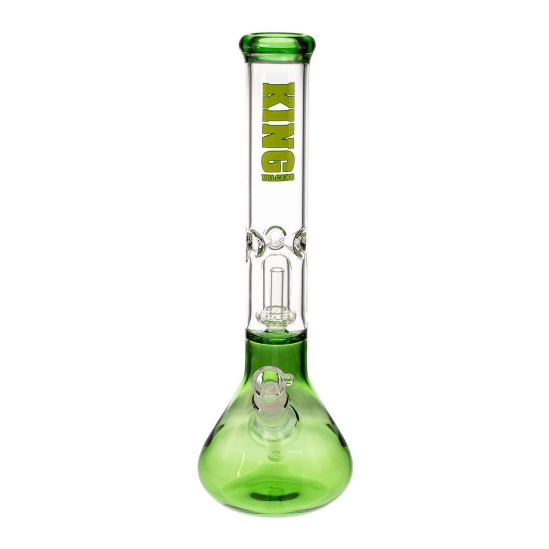 "Front view of a King Volcano 50mmx15in Single Wrap Beaker in the color light green that features a diffused downstem and showerhead percolator," - Up N Smoke.