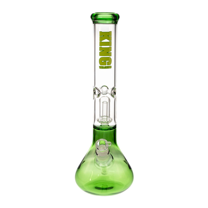 "Front view of a King Volcano 50mmx15in Single Wrap Beaker in the color light green that features a diffused downstem and showerhead percolator," - Up N Smoke.