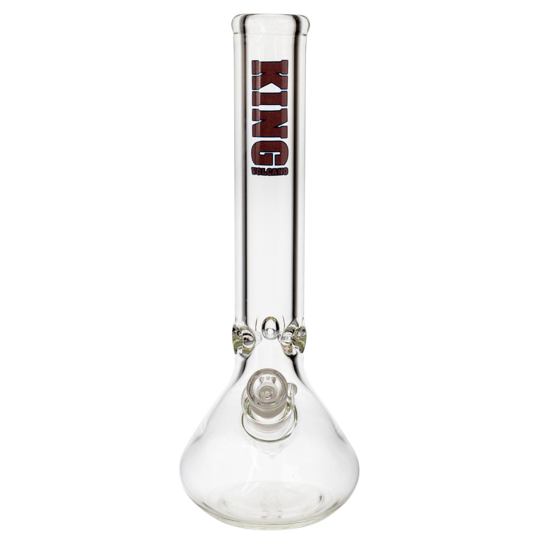 "Front of a King Volcano 50mmx15in Beaker Water Pipe with a purple logo decal on a white background," - Up N Smoke.