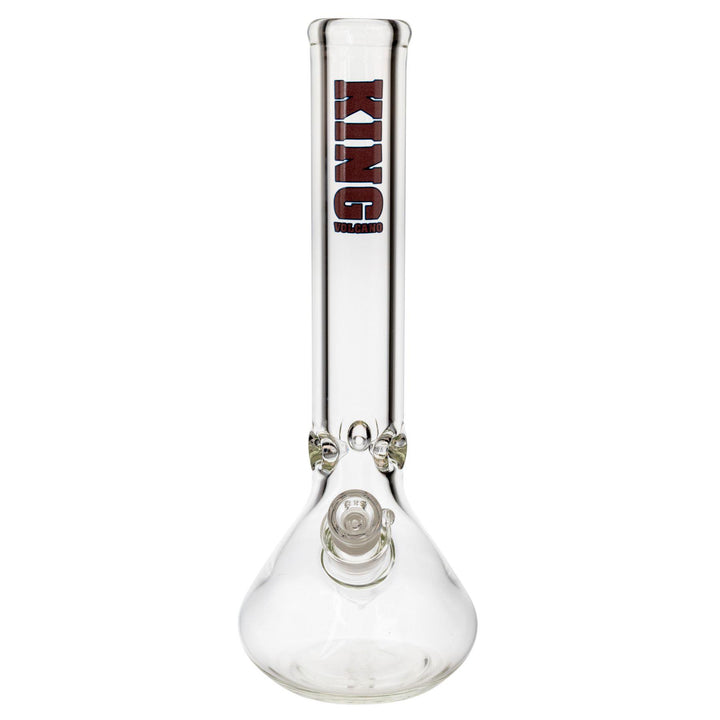 "Front of a King Volcano 50mmx15in Beaker Water Pipe with a purple logo decal on a white background," - Up N Smoke.