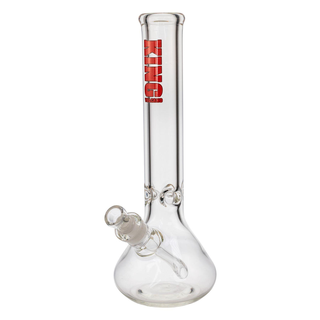 "King Volcano 50mmx15in Beaker Water Pipe with a red logo decal on a white background," - Up N Smoke.