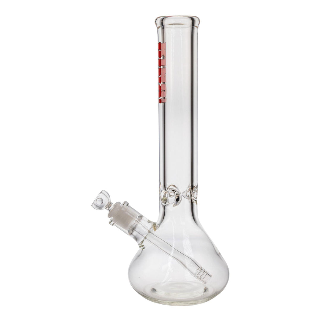 "Left-side of a King Volcano 50mmx15in Beaker Water Pipe with a red logo decal that features a diffused downstem and a three-prong ice pinch," - Up N Smoke.
