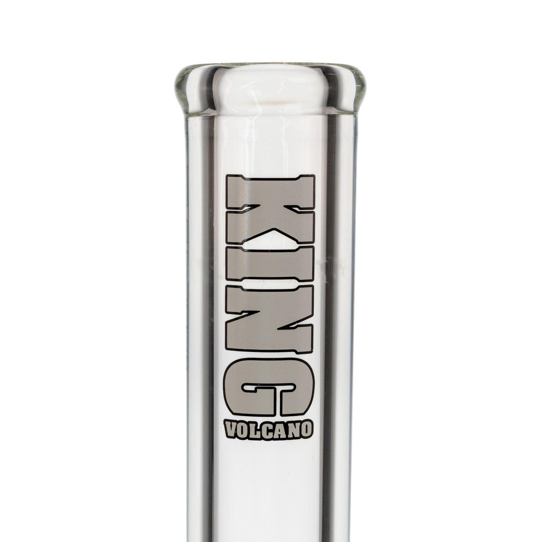 "Close-up of the white logo decal on a King Volcano 50mmx15in Beaker Water Pipe," - Up N Smoke.