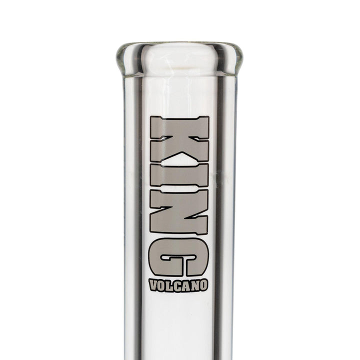 "Close-up of the white logo decal on a King Volcano 50mmx15in Beaker Water Pipe," - Up N Smoke.