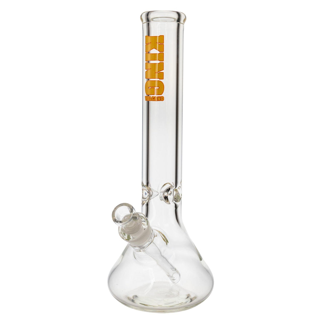 "King Volcano 50mmx15in Beaker Water Pipe with a yellow logo decal near the mouthpiece," - Up N Smoke.