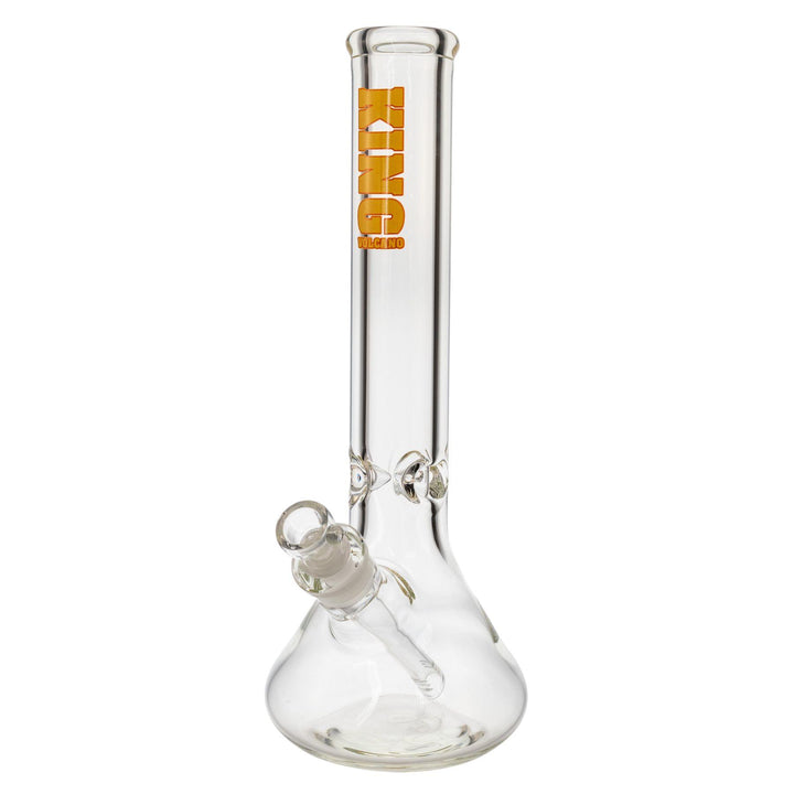 "King Volcano 50mmx15in Beaker Water Pipe with a yellow logo decal near the mouthpiece," - Up N Smoke.