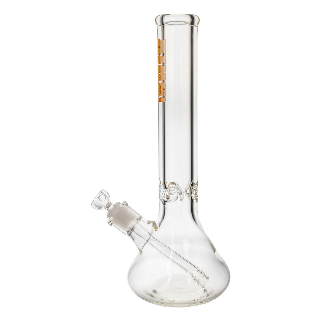 "Left-side of a King Volcano 50mmx15in Beaker Water Pipe that has a yellow logo decal near the mouthpiece," - Up N Smoke.