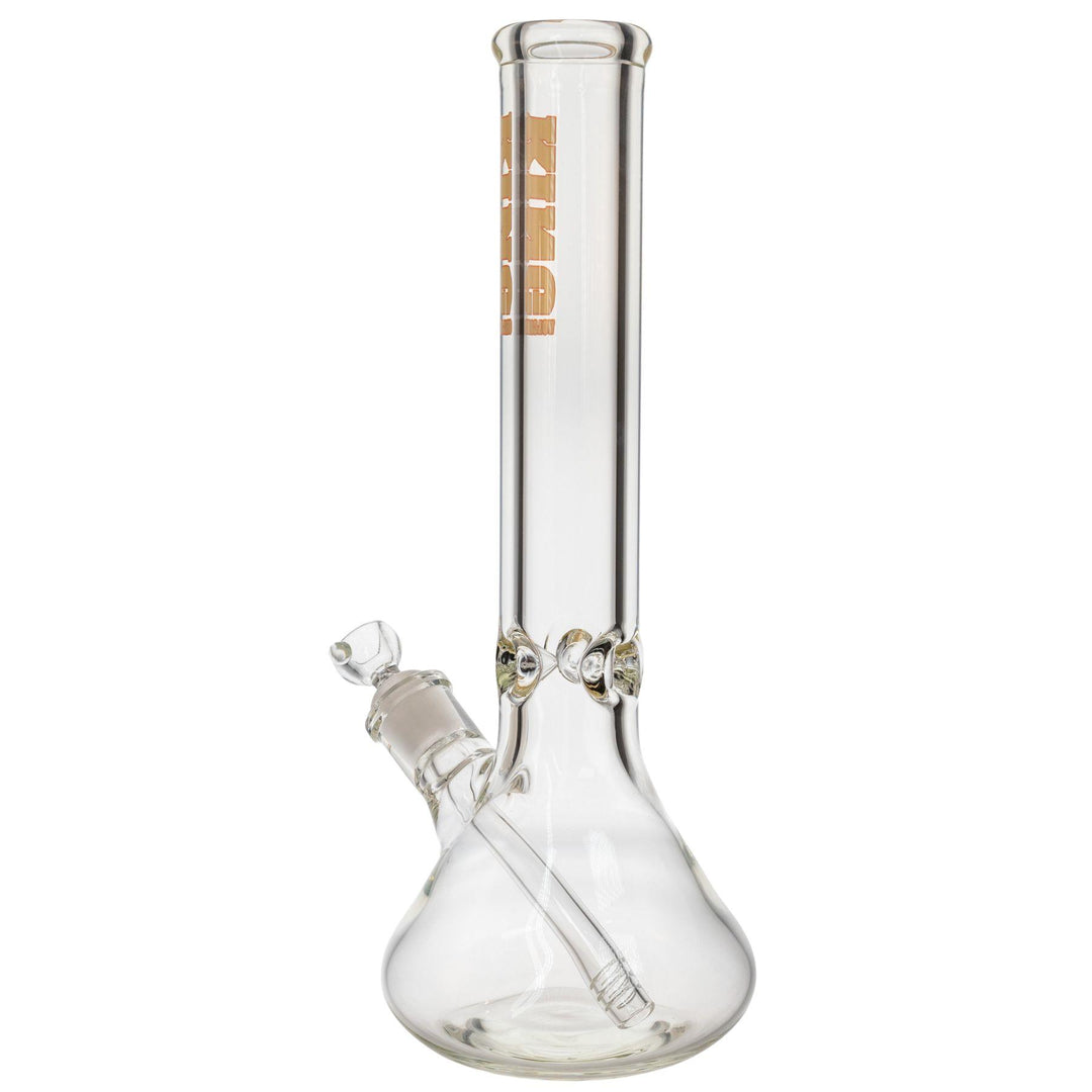 "Back-angled view of a King Volcano 50mmx15in Beaker Water Pipe, showcasing the diffused downstem and the three-prong ice pinch," - Up N Smoke.