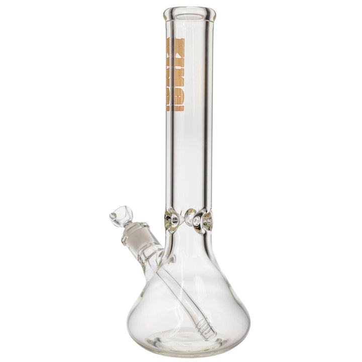"Back-angled view of a King Volcano 50mmx15in Beaker Water Pipe, showcasing the diffused downstem and the three-prong ice pinch," - Up N Smoke.