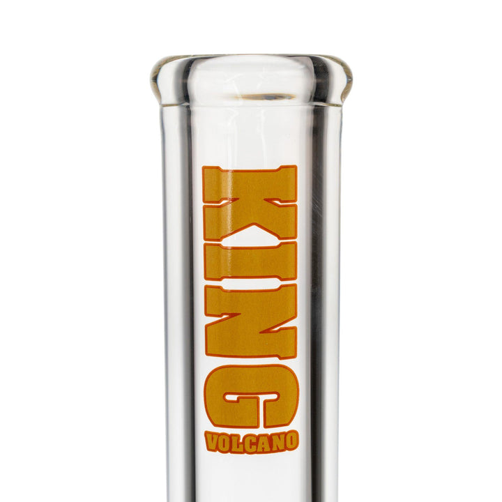"Close-up of the yellow King Volcano logo decal on a 50mmx15in glass beaker," - Up N Smoke.