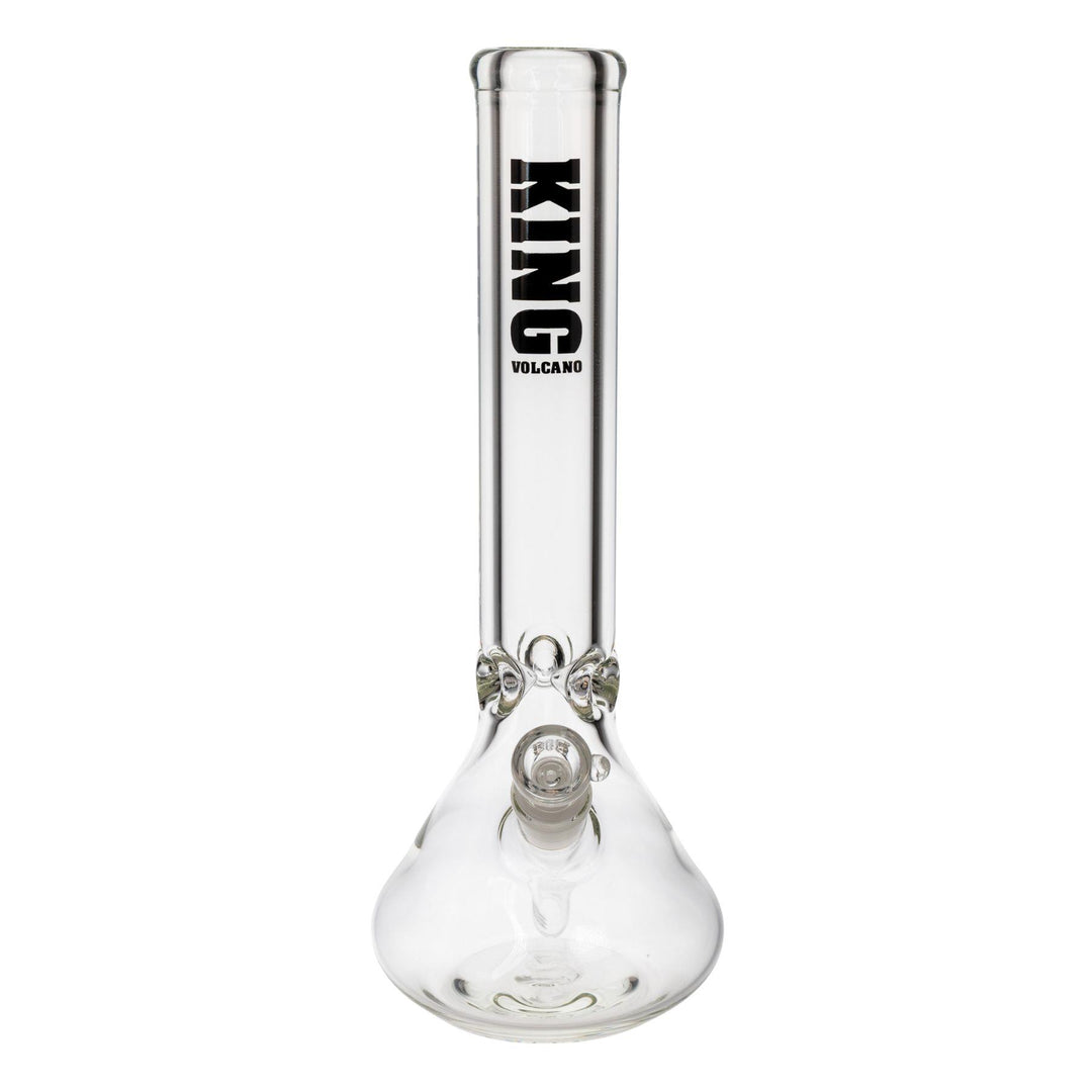 "Front of a King Volcano 50mmx15in Beaker Water Pipe with a black logo decal on a white background," - Up N Smoke.