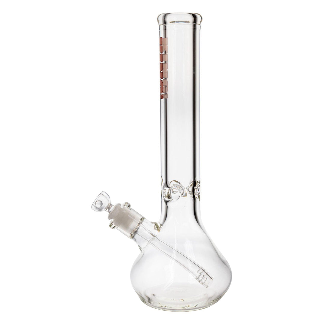 "Left-side of a King Volcano 50mmx15in Beaker Water Pipe with a pink logo decal," - Up N Smoke.