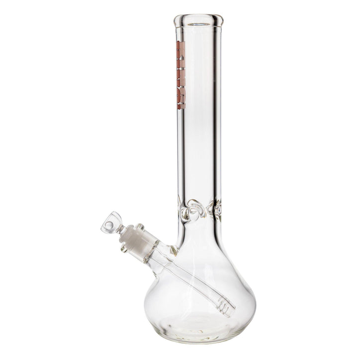 "Left-side of a King Volcano 50mmx15in Beaker Water Pipe with a pink logo decal," - Up N Smoke.