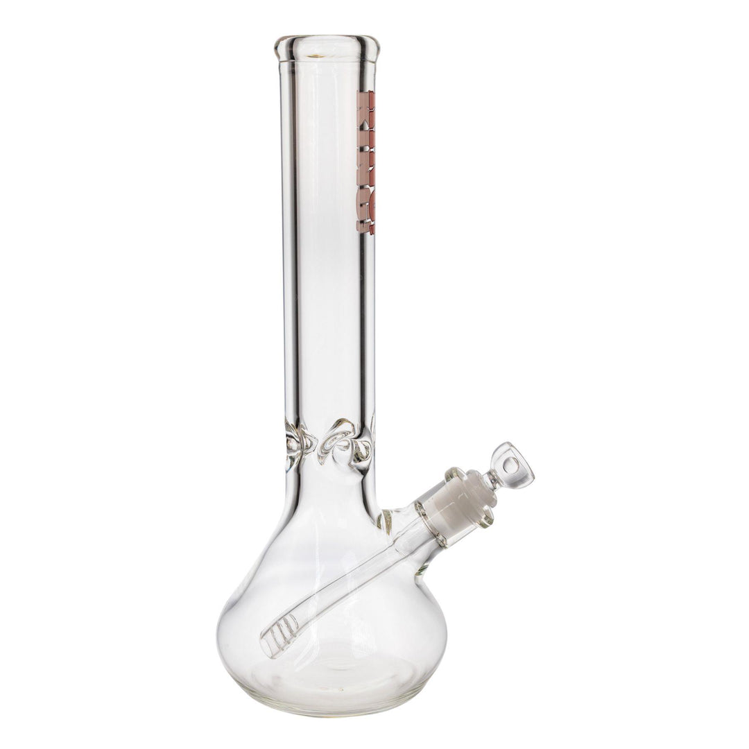 "Right-side of a King Volcano 50mmx15in Beaker with a pink logo decal on a white background," - Up N Smoke.
