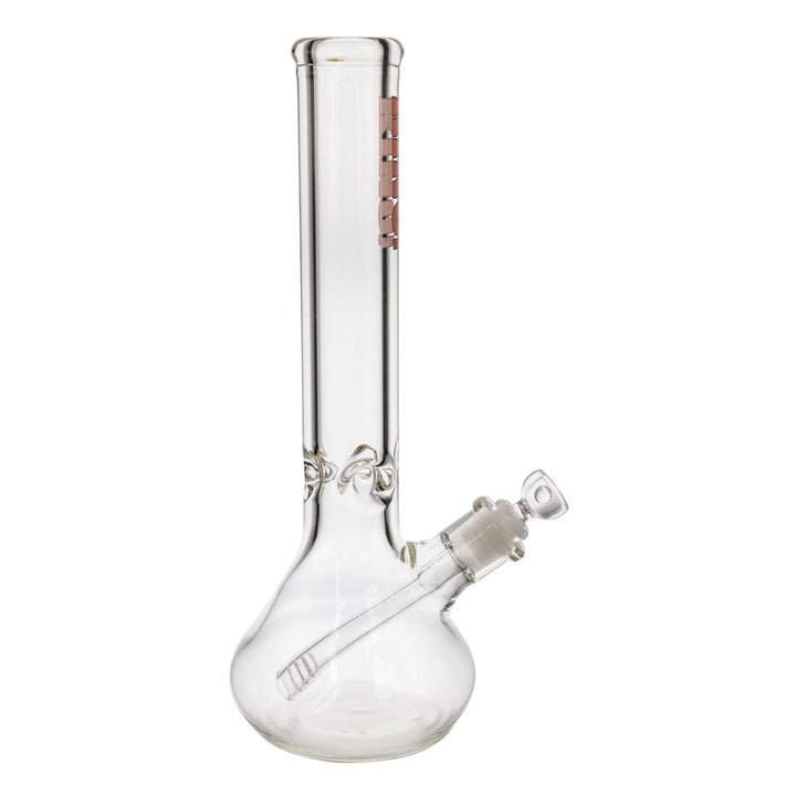 "Right-side of a King Volcano 50mmx15in Beaker with a pink logo decal on a white background," - Up N Smoke.