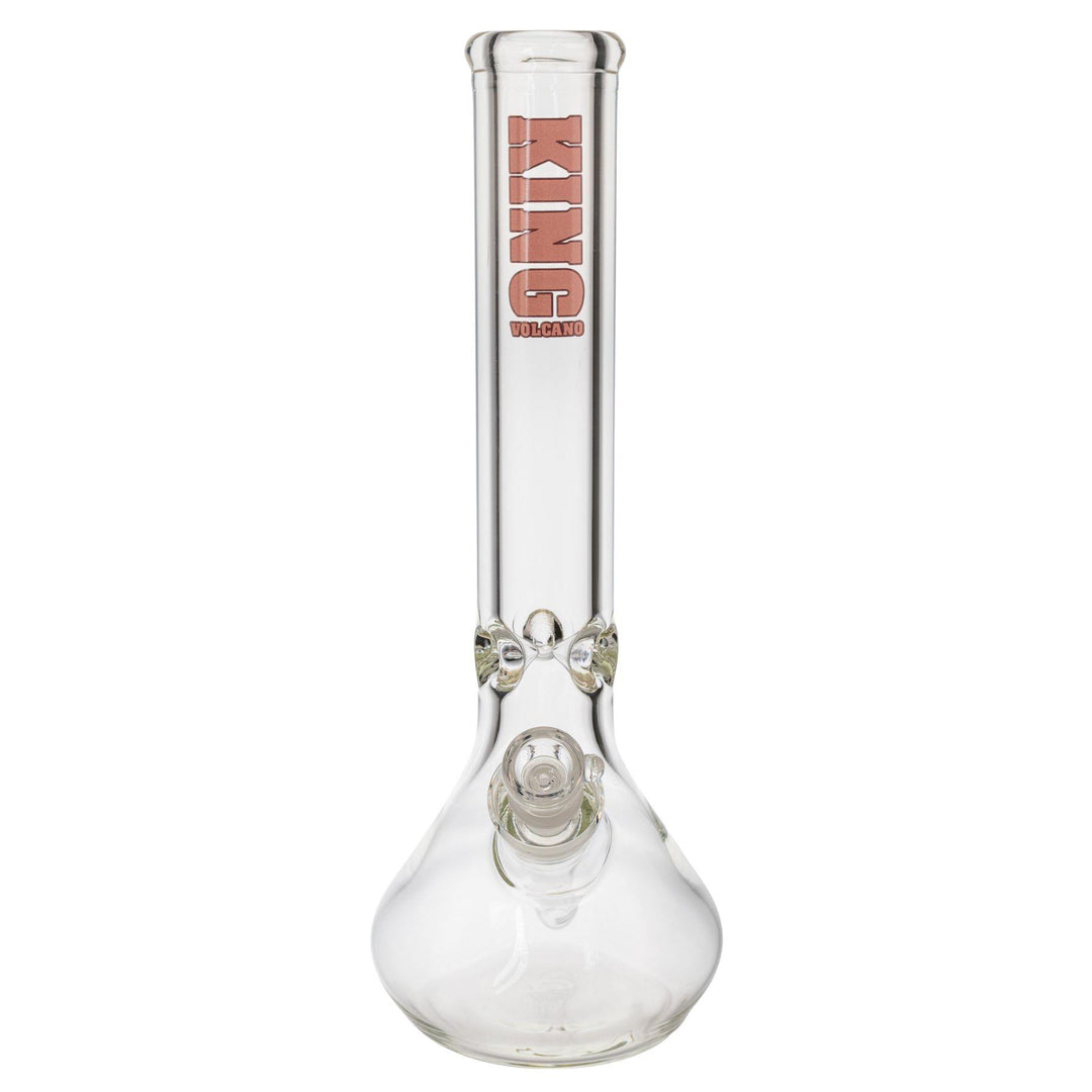"Front of a King Volcano 50mmx15in Beaker Water Pipe with a pink logo decal on a white background," - Up N Smoke.