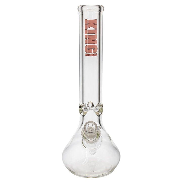 "Front of a King Volcano 50mmx15in Beaker Water Pipe with a pink logo decal on a white background," - Up N Smoke.