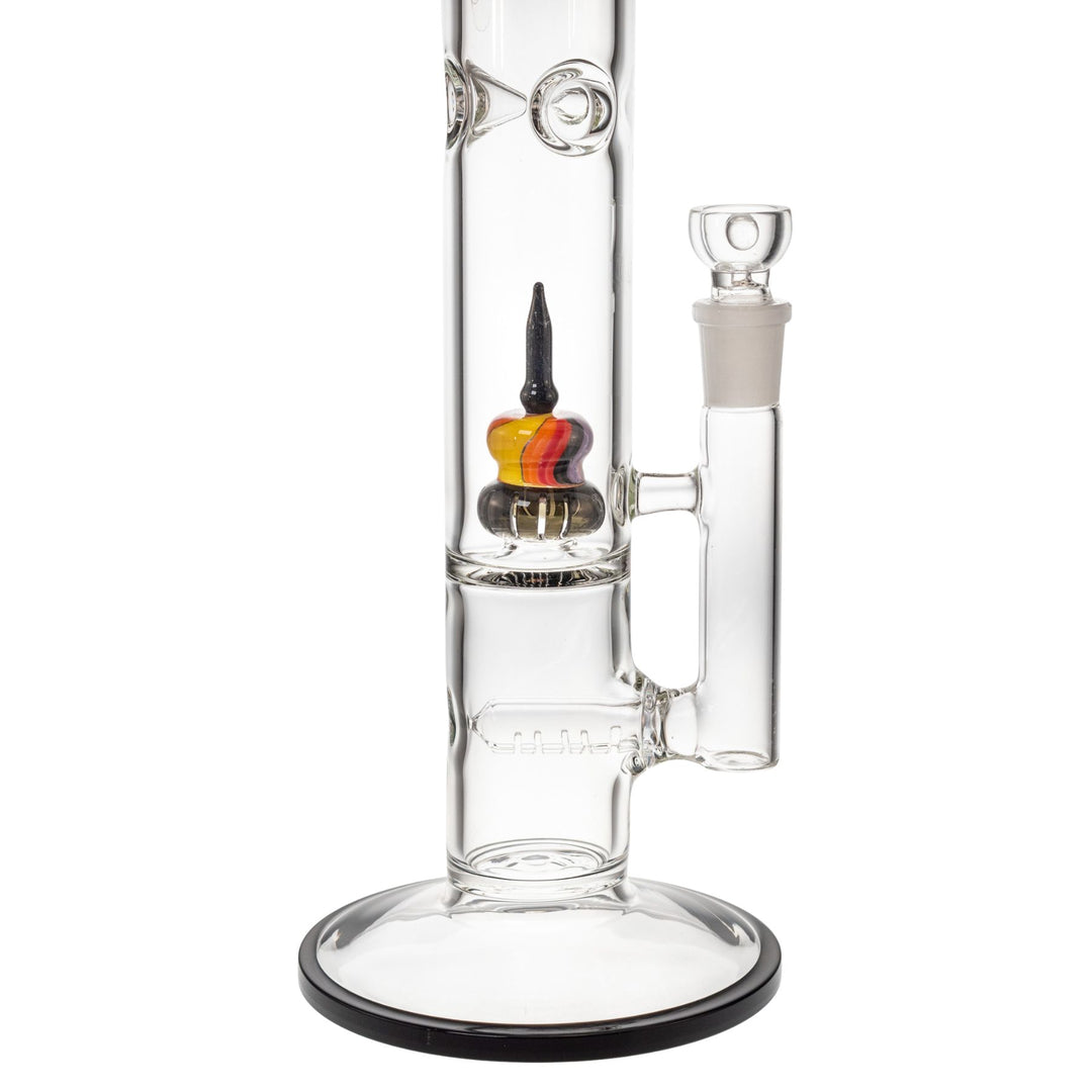 "Close-up of the interior of a King Volcano 50mmx16.5in Flare Inline, showcasing the vibrant showerhead percolator," - Up N Smoke.