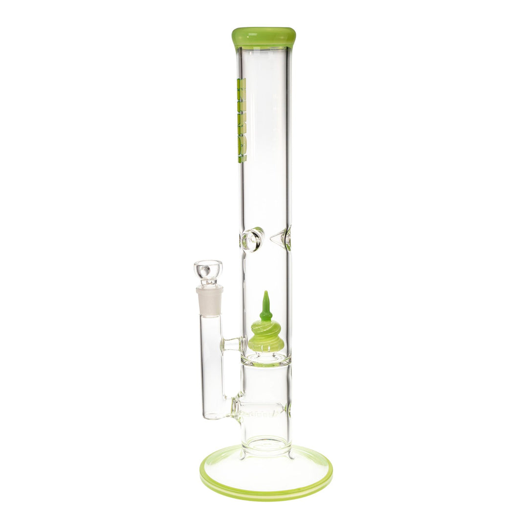 "Left-side view of a green King Volcano Flare Inline water pipe that features a colored showerhead percolator," - Up N Smoke.