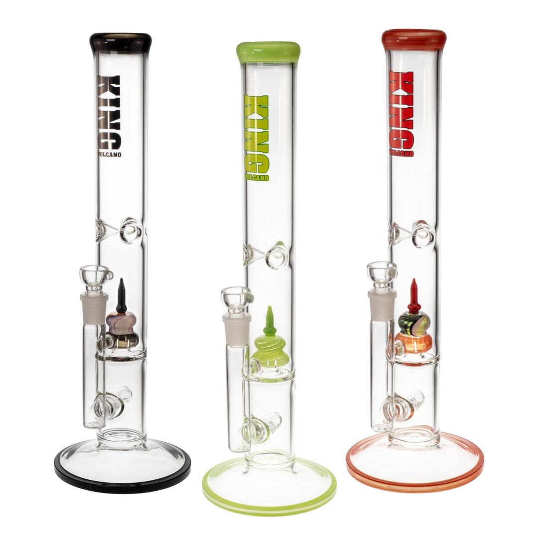 "Group of three KV 50mmx16.5in Flare Inline water pipes on a white background," - Up N Smoke.