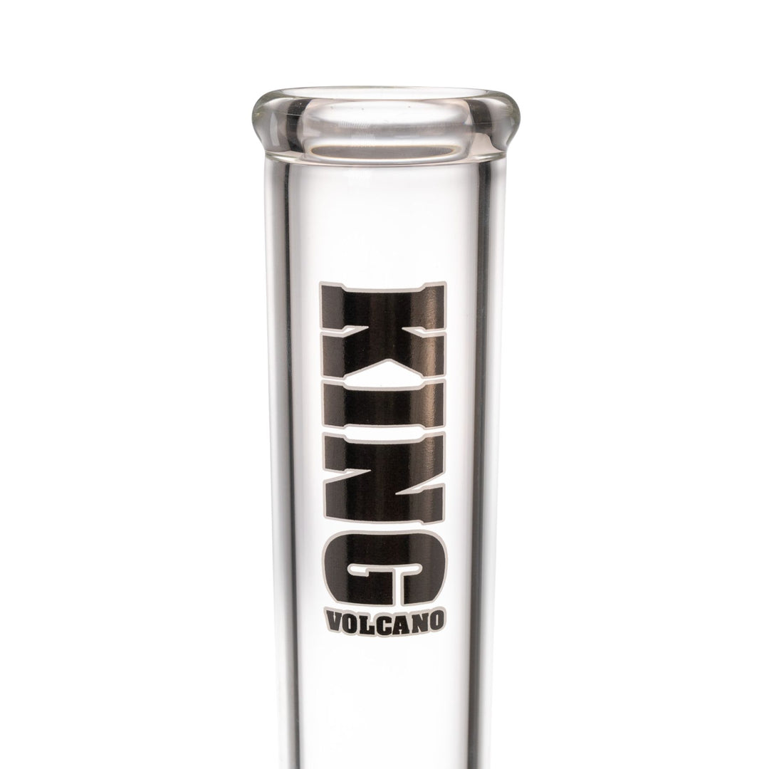 "Close-up of the black logo on a King Volcano 50mmx20'' Double Beaker," - Up N Smoke.
