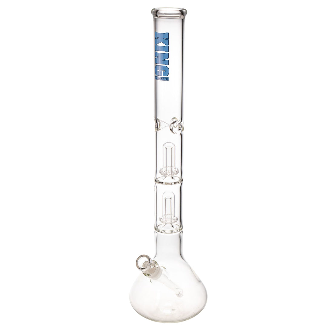 "King Volcano 50mmx20'' Double Beaker with a blue logo near the mouthpiece," - Up N Smoke.