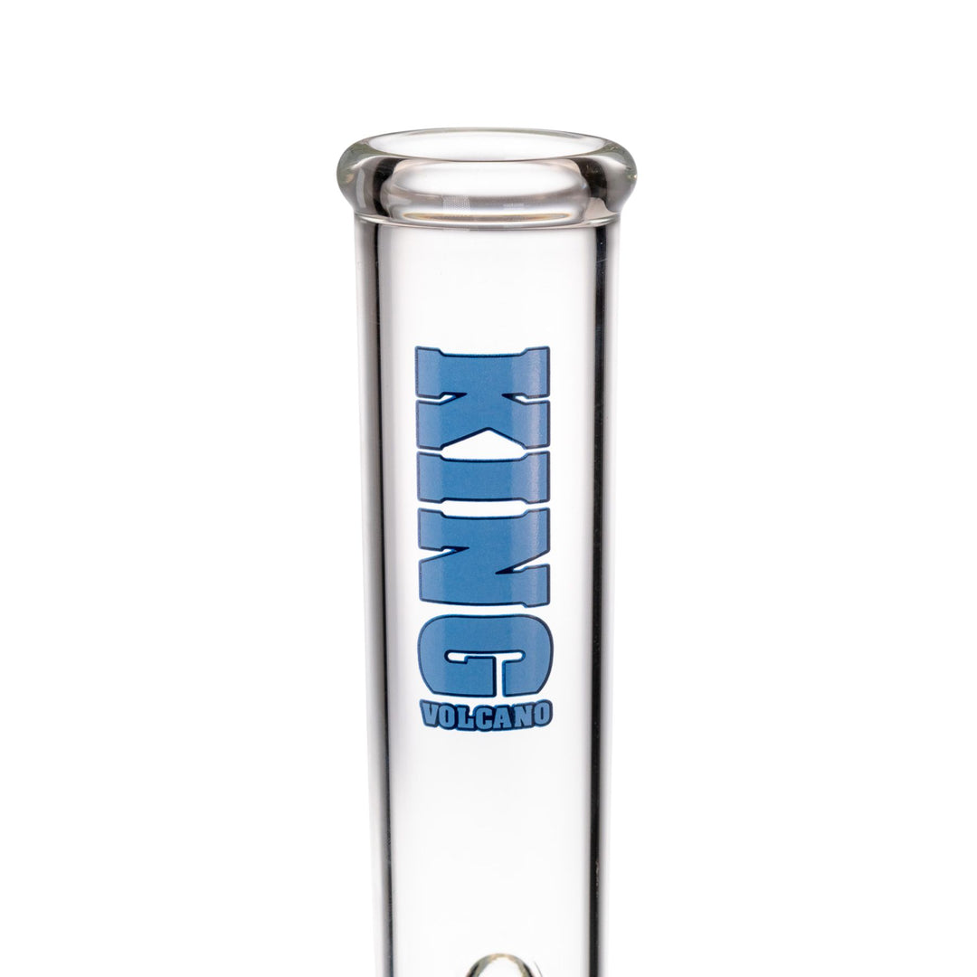 "Close-up of the blue logo on a King Volcano 50mmx20'' Double Beaker," - Up N Smoke.