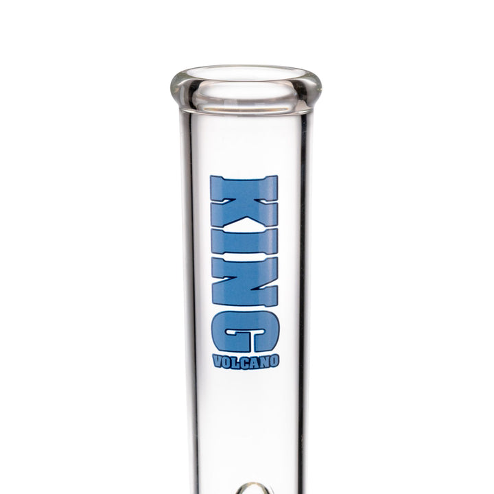 "Close-up of the blue logo on a King Volcano 50mmx20'' Double Beaker," - Up N Smoke.