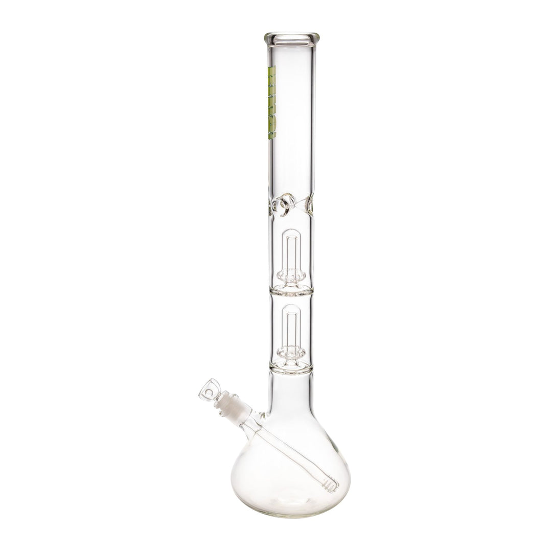 "Left side of a King Volcano 50mmx20'' Double Beaker that features two showerhead percolators and a diffused downstem," - Up N Smoke.
