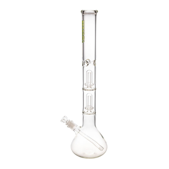 "Left side of a King Volcano 50mmx20'' Double Beaker that features two showerhead percolators and a diffused downstem," - Up N Smoke.
