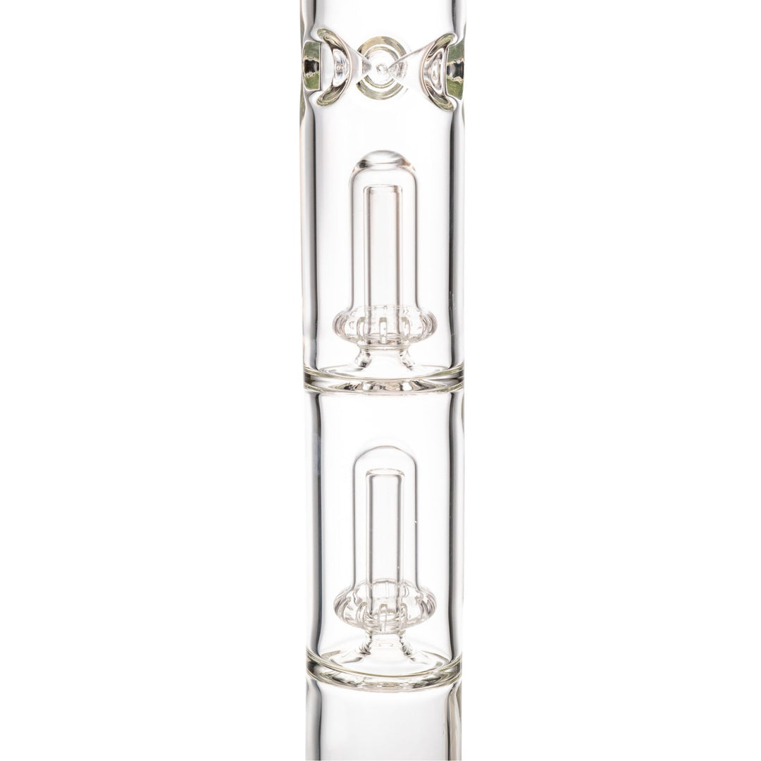 "Close-up of the two showerhead percolators within a King Volcano 50mmx20'' Double Beaker on a white background," - Up N Smoke.