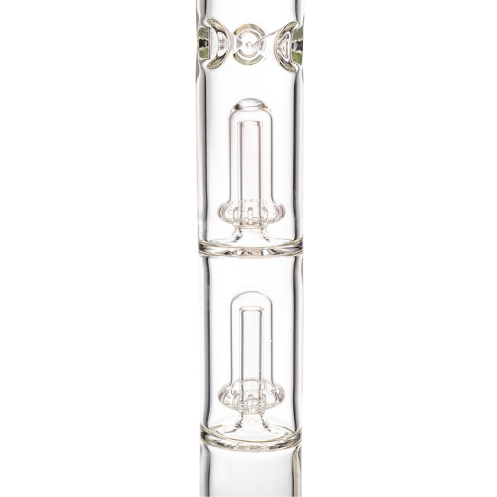 "Close-up of the two showerhead percolators within a King Volcano 50mmx20'' Double Beaker on a white background," - Up N Smoke.