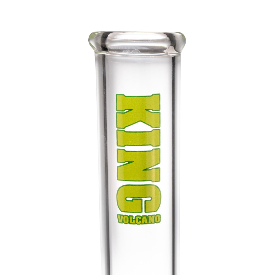 "Close-up of the green logo on a King Volcano 50mmx20'' Double Beaker on a white background," - Up N Smoke.